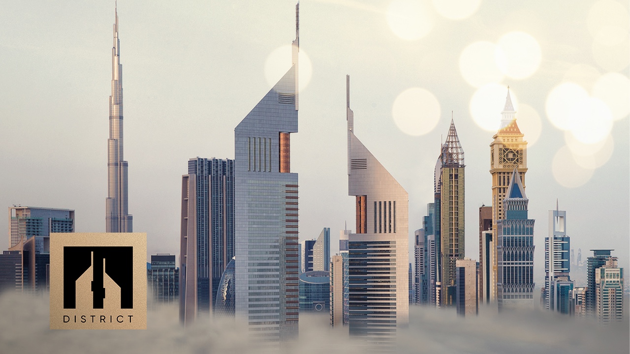 The iconic development of Dubai's skyline with the words district in the background, branding the city.