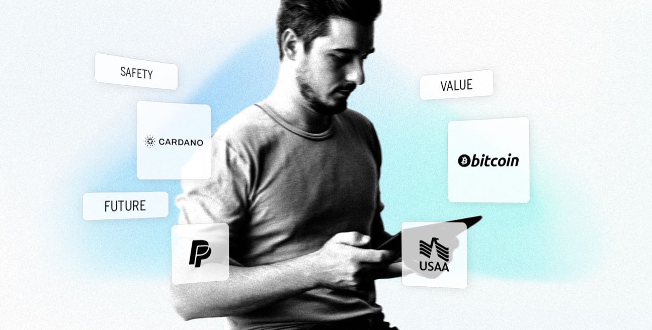 a young man with a tablet in his hands and crypto related logo brands