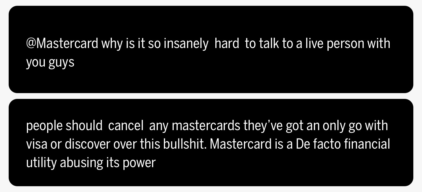 Negative Tweets about Mastercard