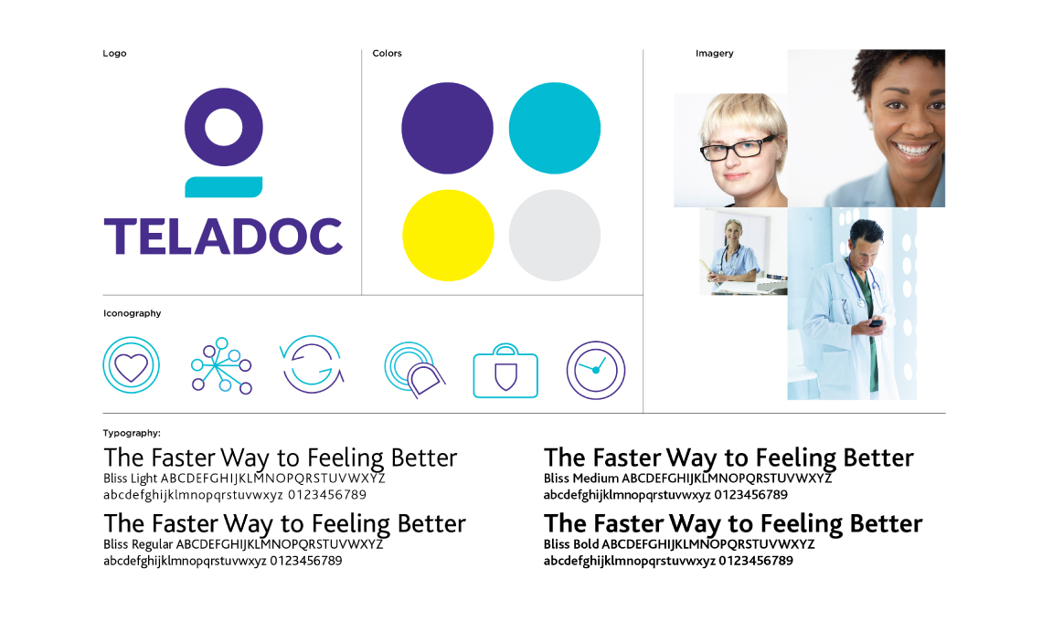 examples of the design system designed and developed for Teladoc applied to a series of pieces such as logo, color palette, imagery, iconography, and typography