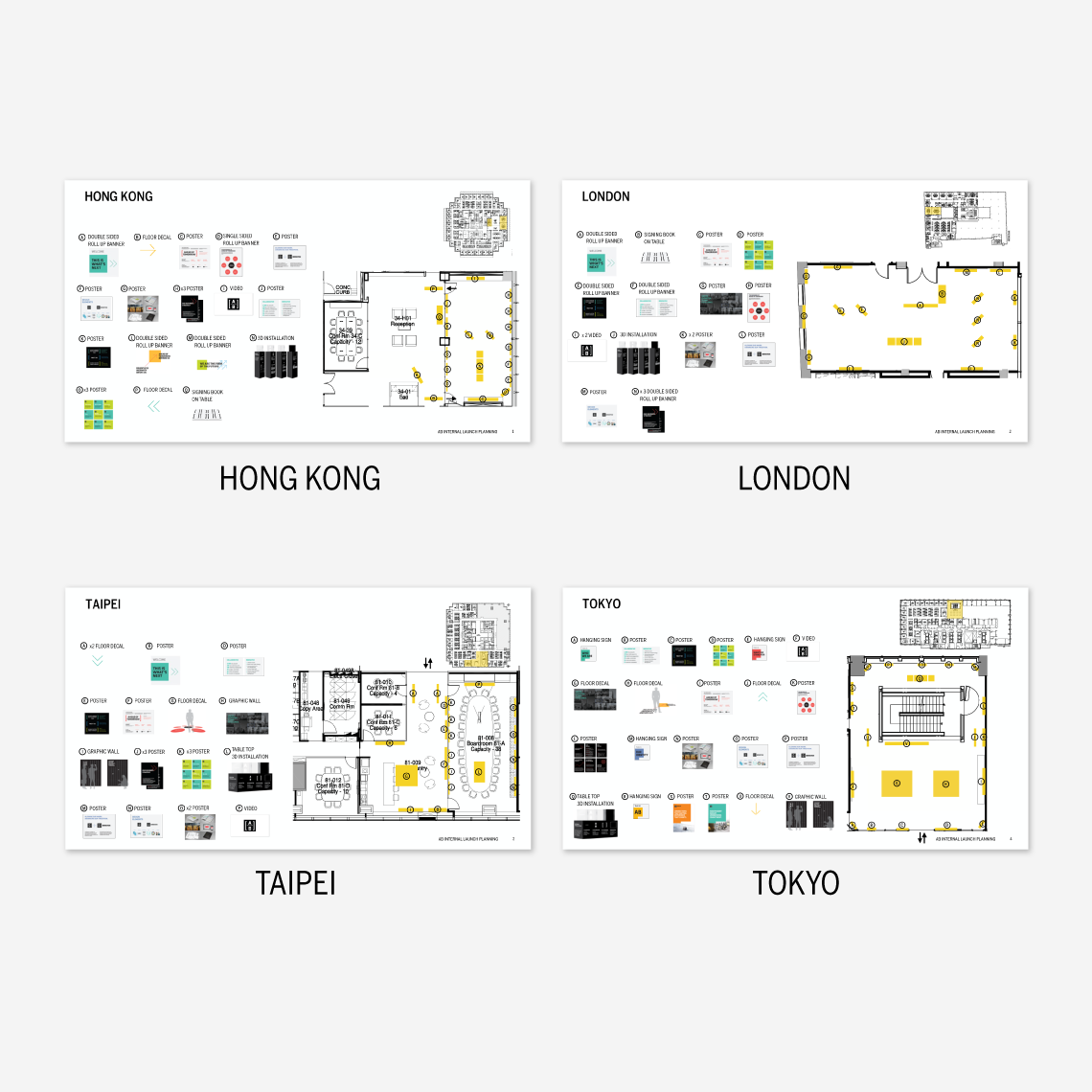a collage of 4 images showing the layout of Hong Kong, London, Taipei, and Tokyo offices.