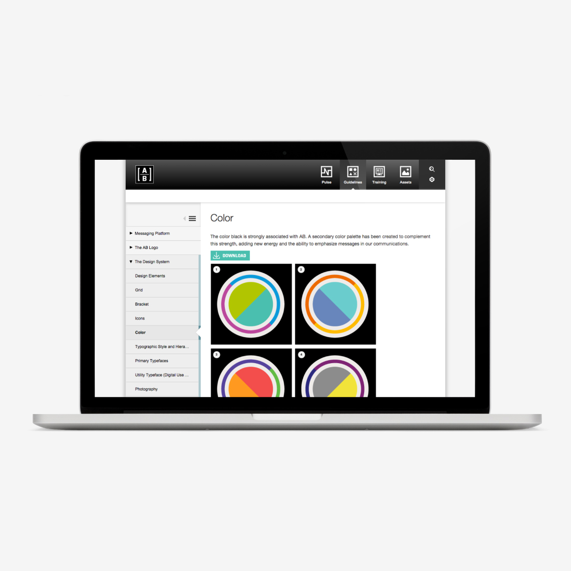 a laptop displaying the brand management system developed with BrandOS for AB (AllianceBernstein)