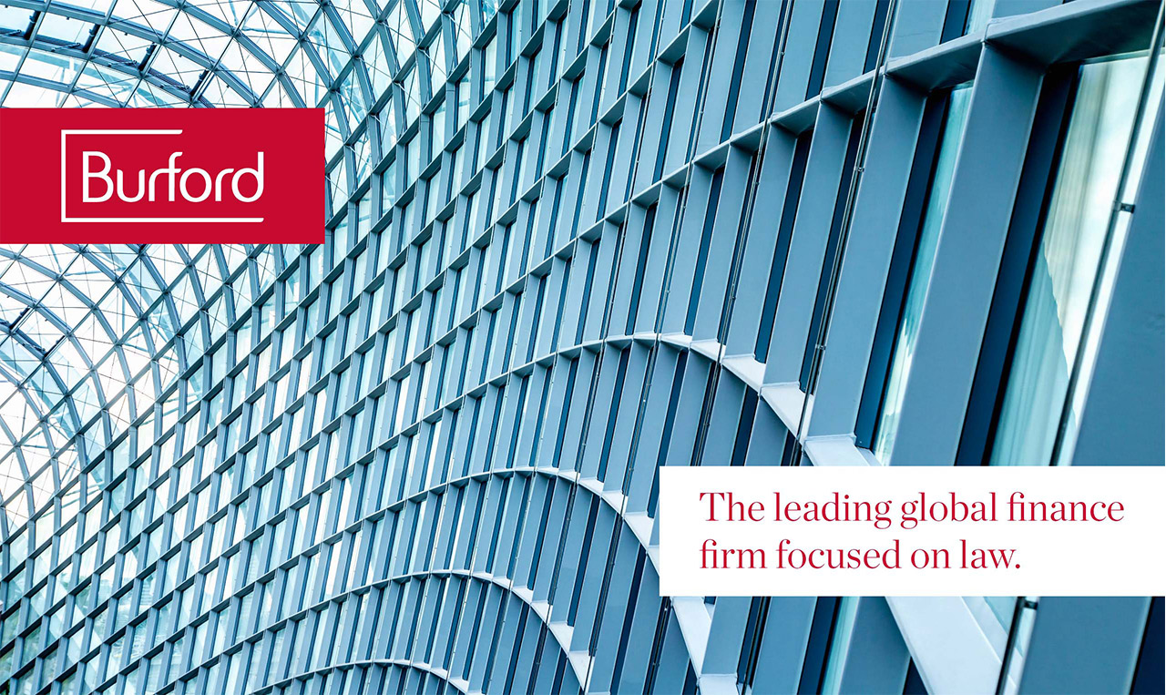 An image of a building with brand messaging from the perspective of law for Burford Global Finance.