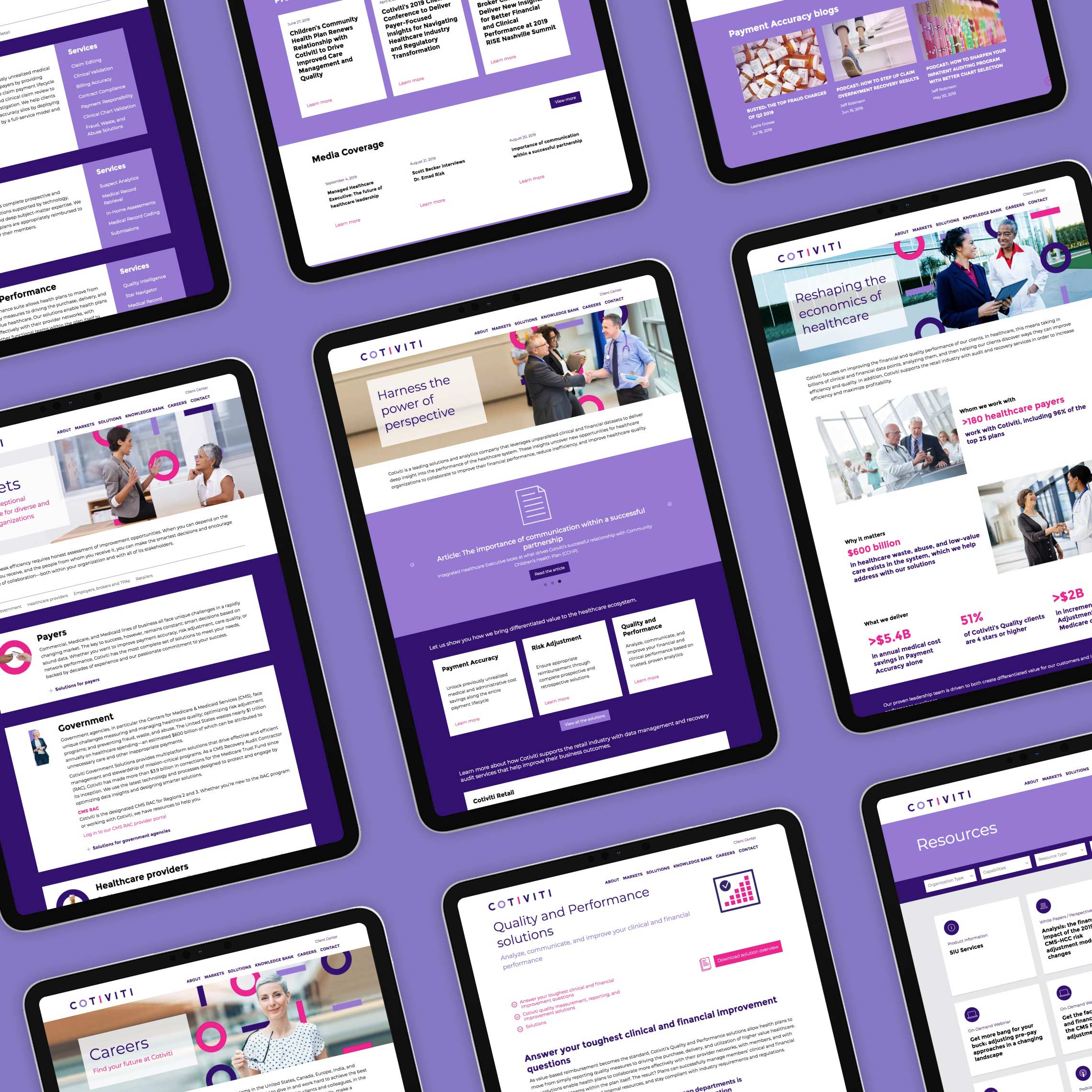 a series of tablets displaying different pages of the website developed for Cotiviti