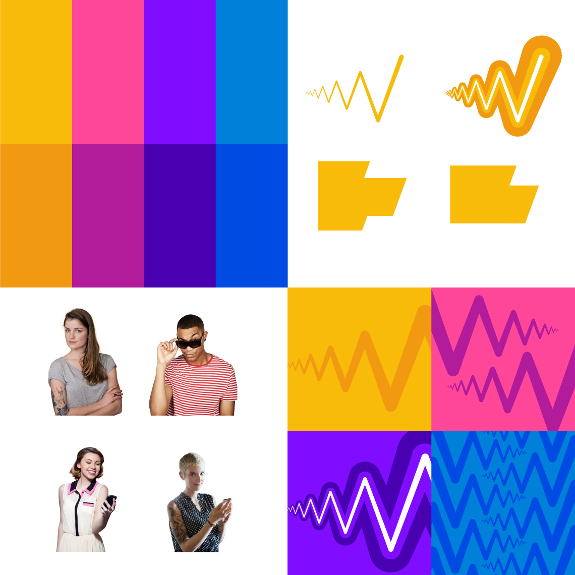 a collage showing different elements developed to create the brand identity: color palette, icons, graphic motifs, and photographic selection.