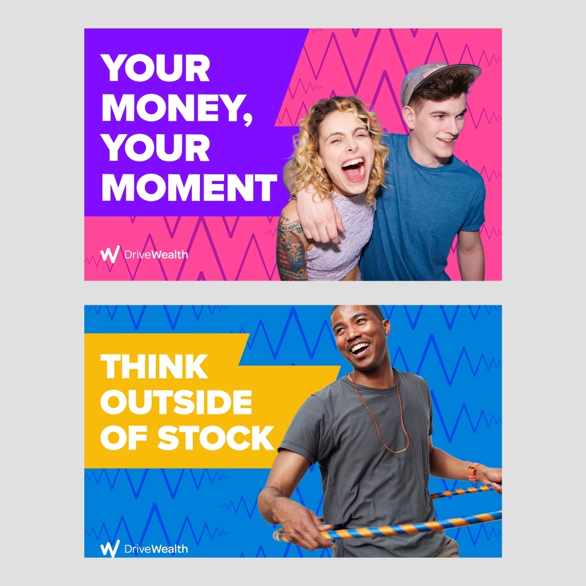 a collage showing two examples of the messaging and brand identity integration developed for DriveWealth