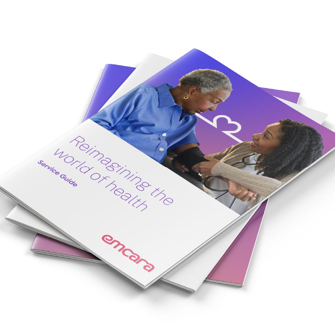 Examples of emcara's design system applied to printed brochures