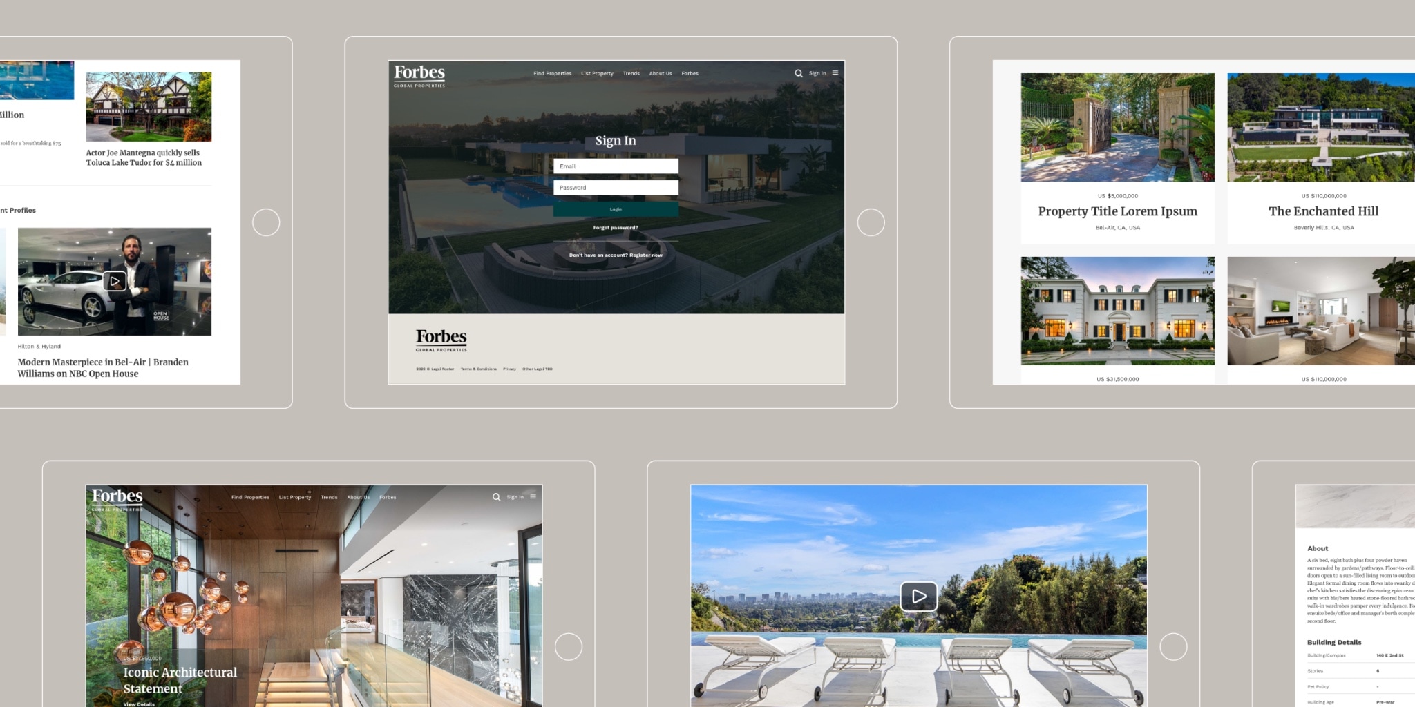 Examples of the minimalist user interface that displays full-bleed property photography and video, enticing visitors to engage developed for Forbes Global Properties