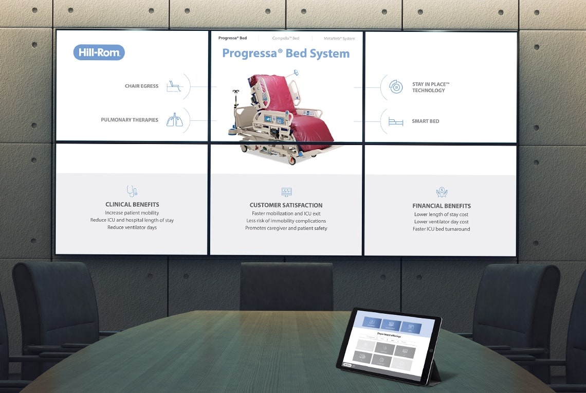 a videowall in a conference room with the presentation developed for Hillrom and a tablet to control it.
