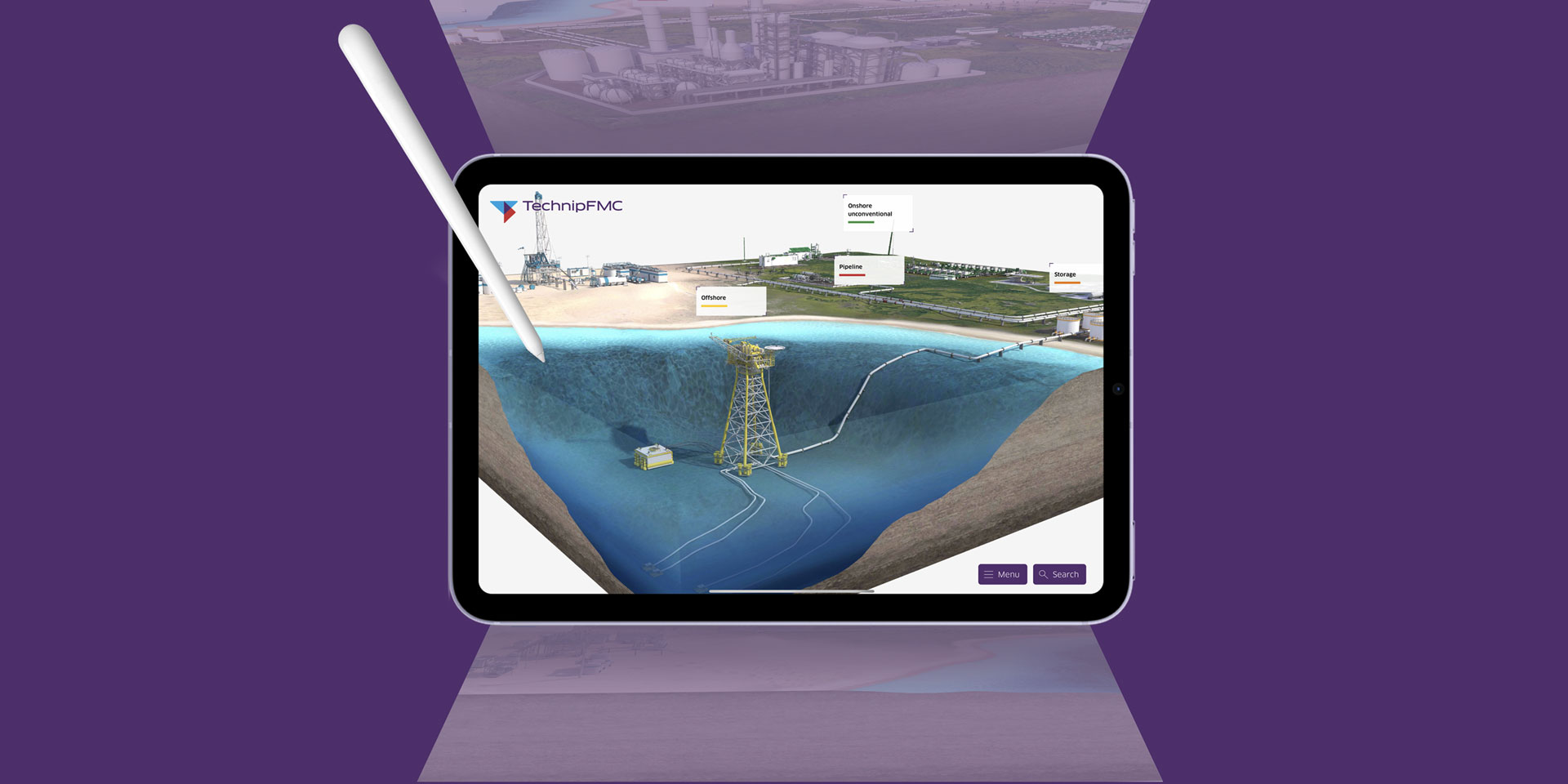 A tablet showing the PresentationOS created for TechnipFMC