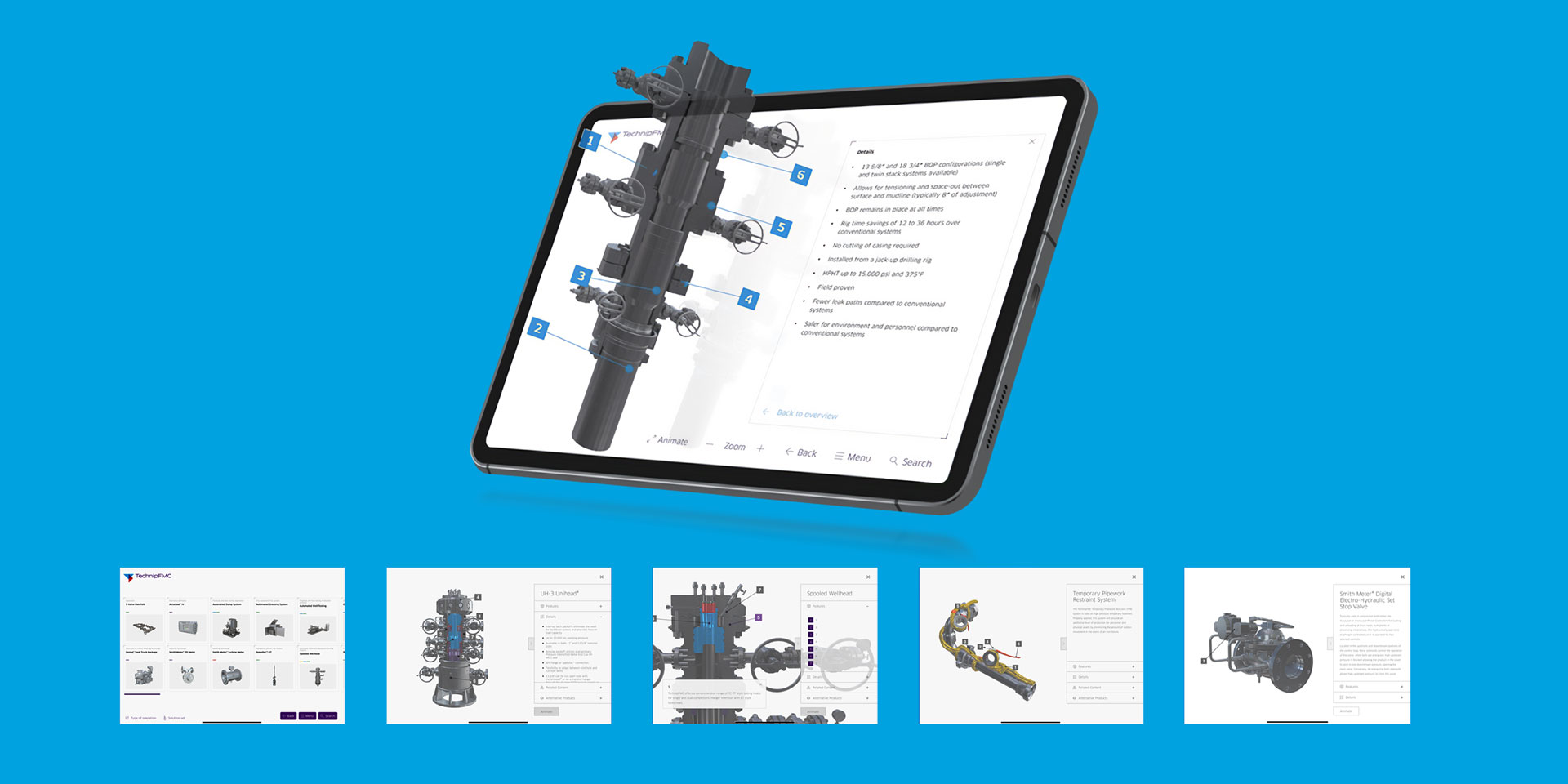 A series of computer screen showing how OMNRAE constructed all possible environments where TechnipFMC’s various products and solutions could be found.