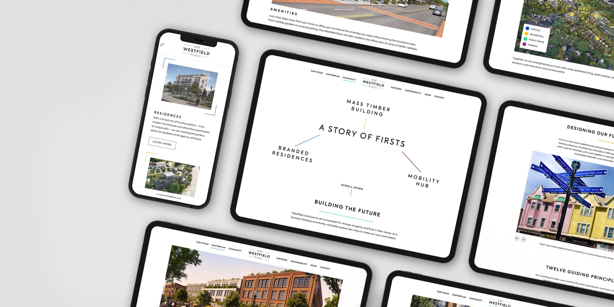 Ipad and mobile phones showing different layouts of the One Westfield Place website to create Community engagement for their development in Westfield