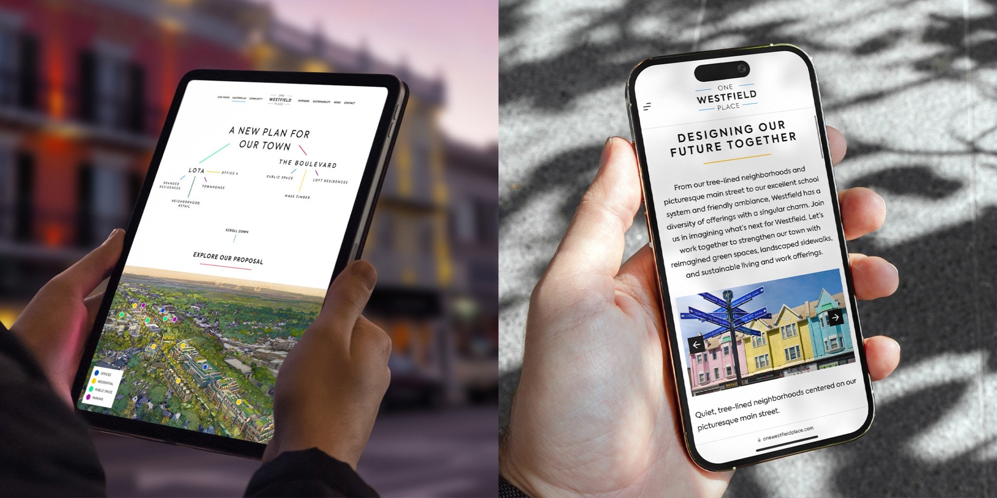 a tablet and a mobile phone showing the One Westfield Place website