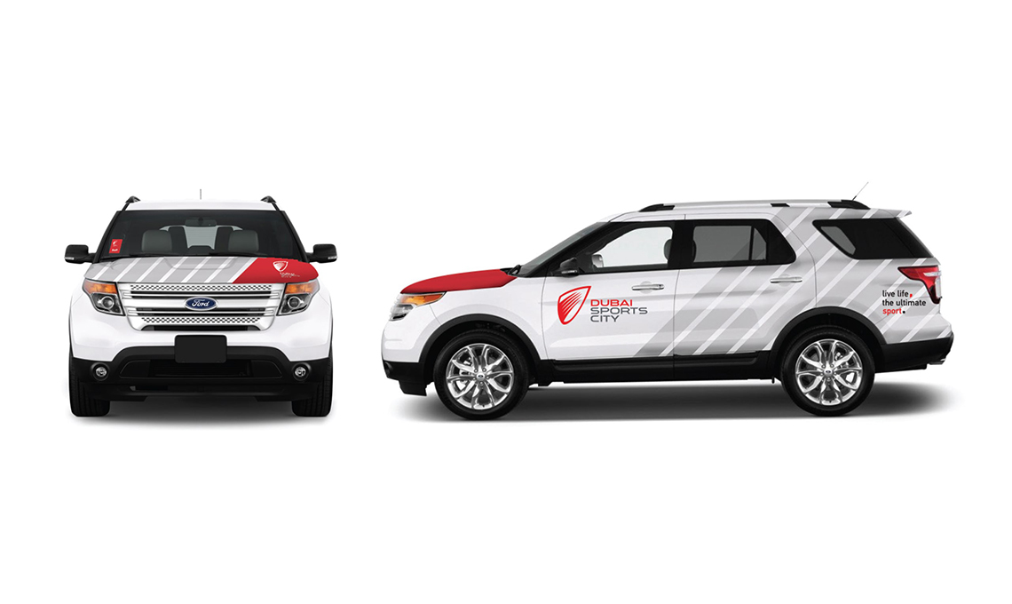 A red and white rebranded Ford Explorer.