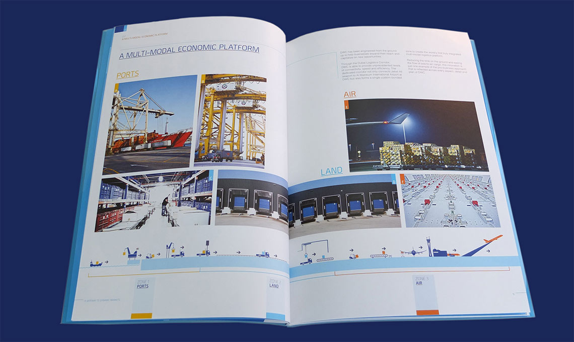 An open book with pictures of a crane and a ship representing market reentry.