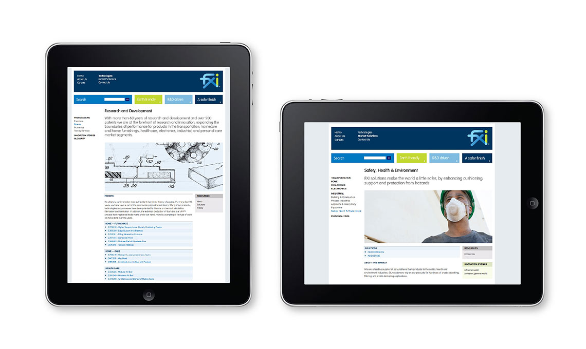 two tablets showing examples of the website designed for FXI