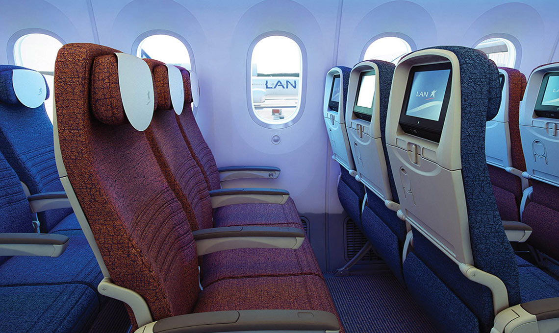 A row of seats in an airplane.