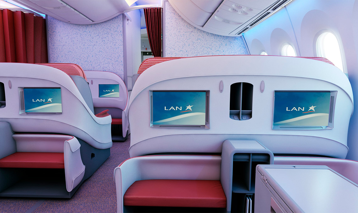 The seats have a red and white design.