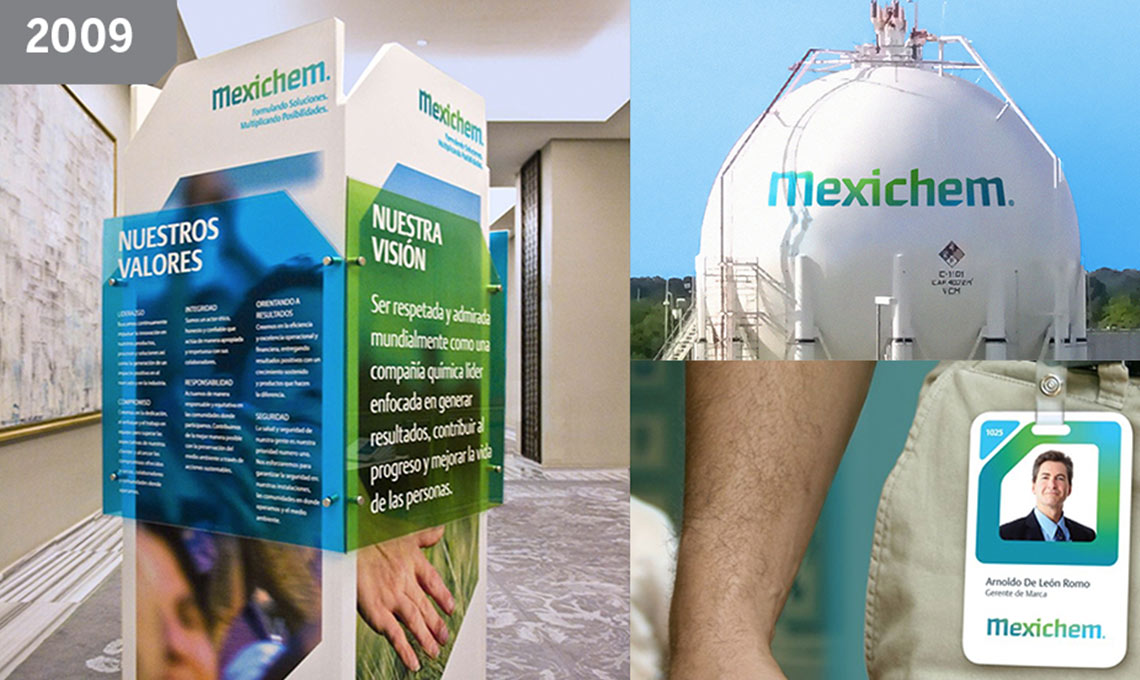 Mexichem 2009 Legacy Brand Identity in a series of applications like Vertical banners, gas tank, and Corporate ID