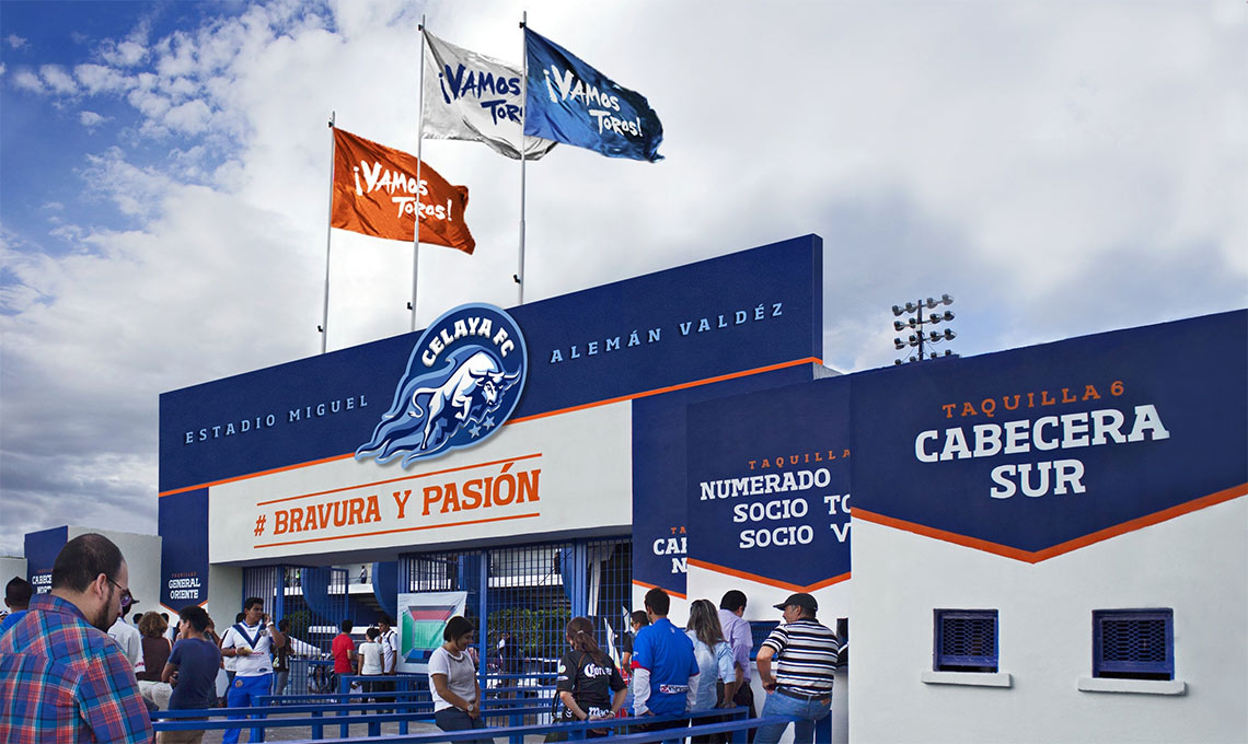 A group of people with a new vision are standing outside of a stadium.