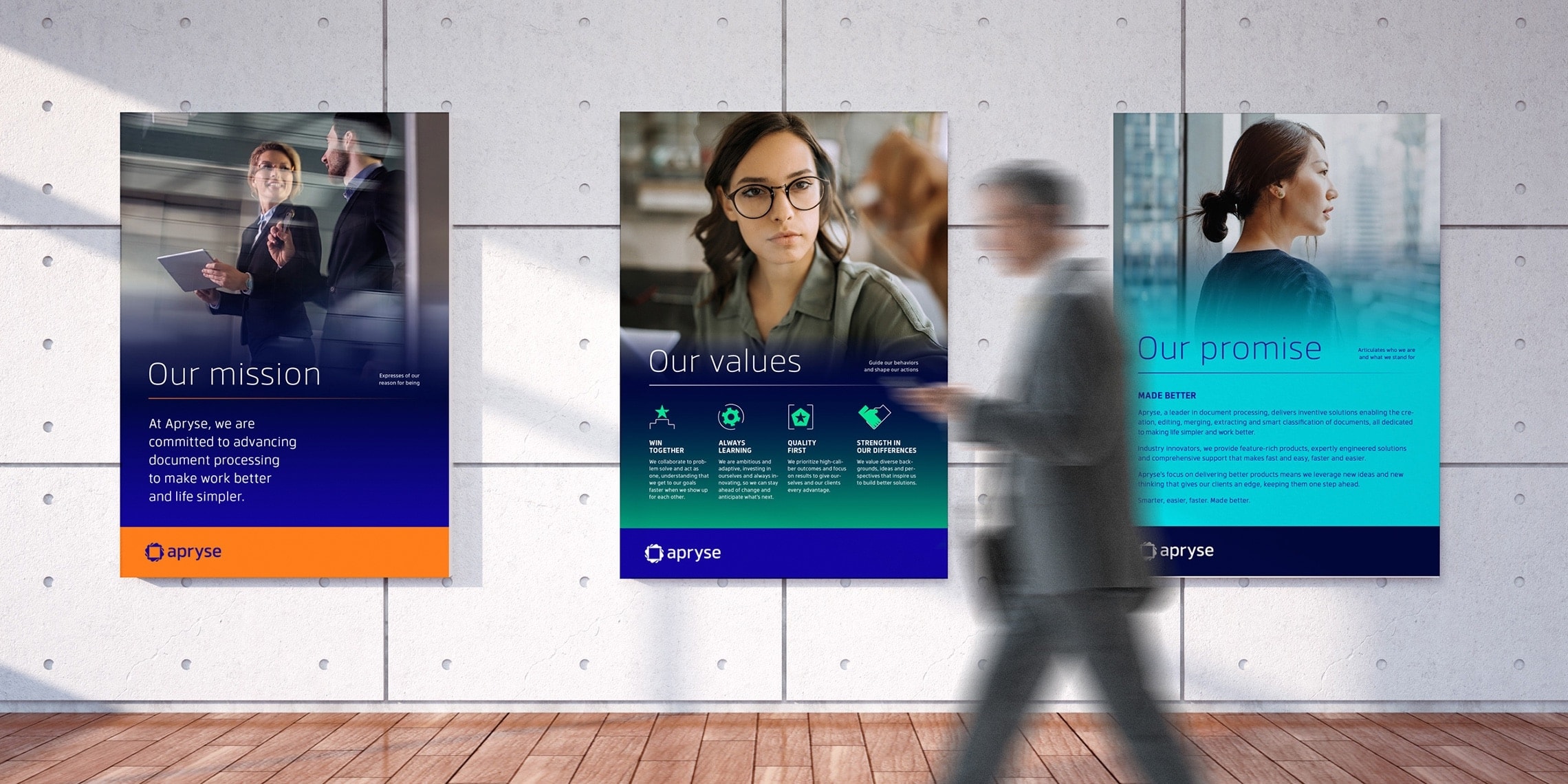 Examples of 3 vertical banners for Apryse showing how to apply the design system