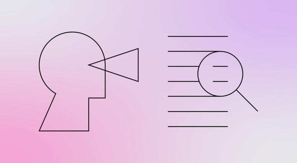 An illustration of a head with a magnifying glass, showcasing brand intimacy and thought leadership in the lab.