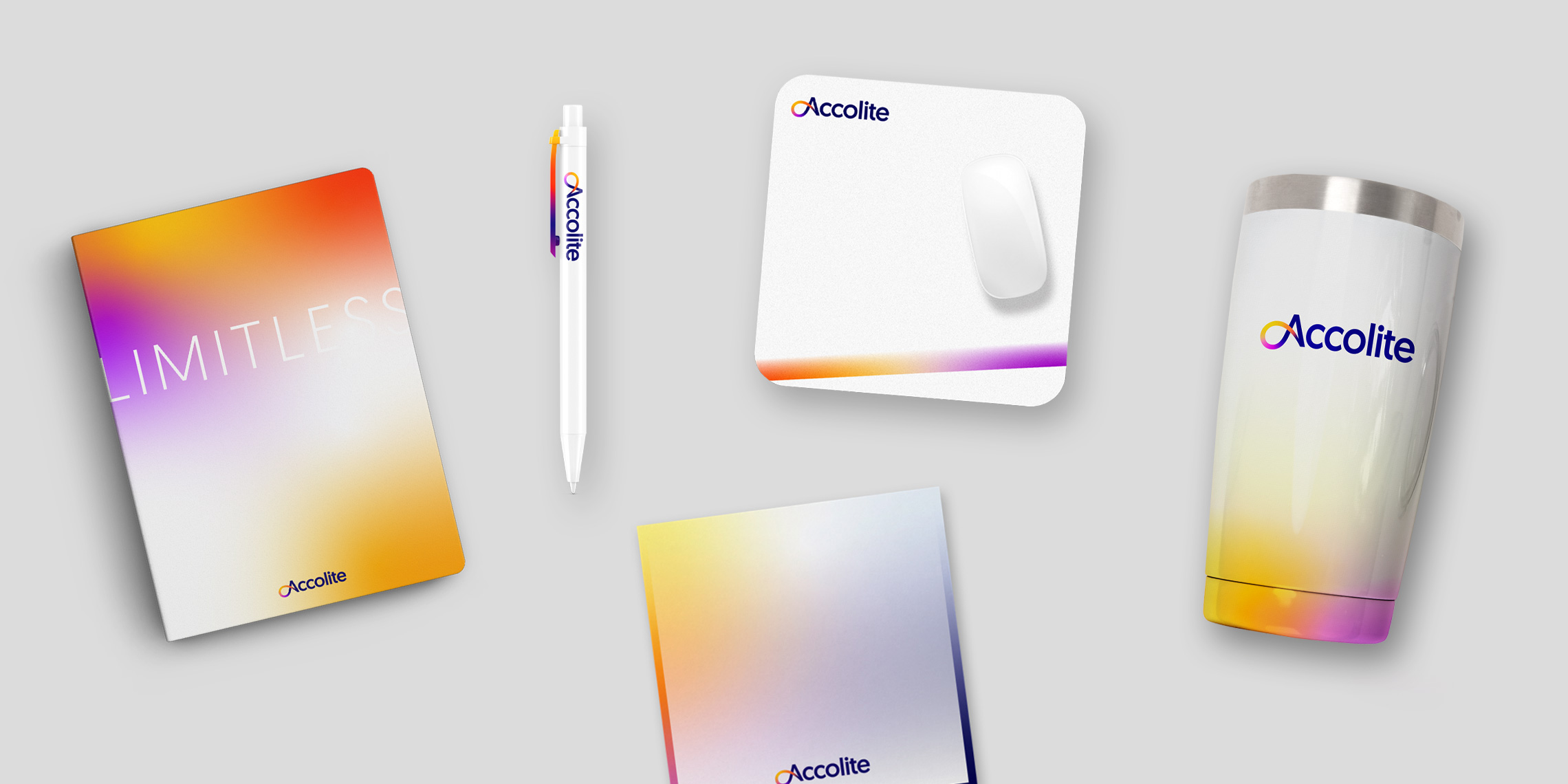 Marketing materials including swag items like mouse pad, pen, and notepad and Thermal Mug