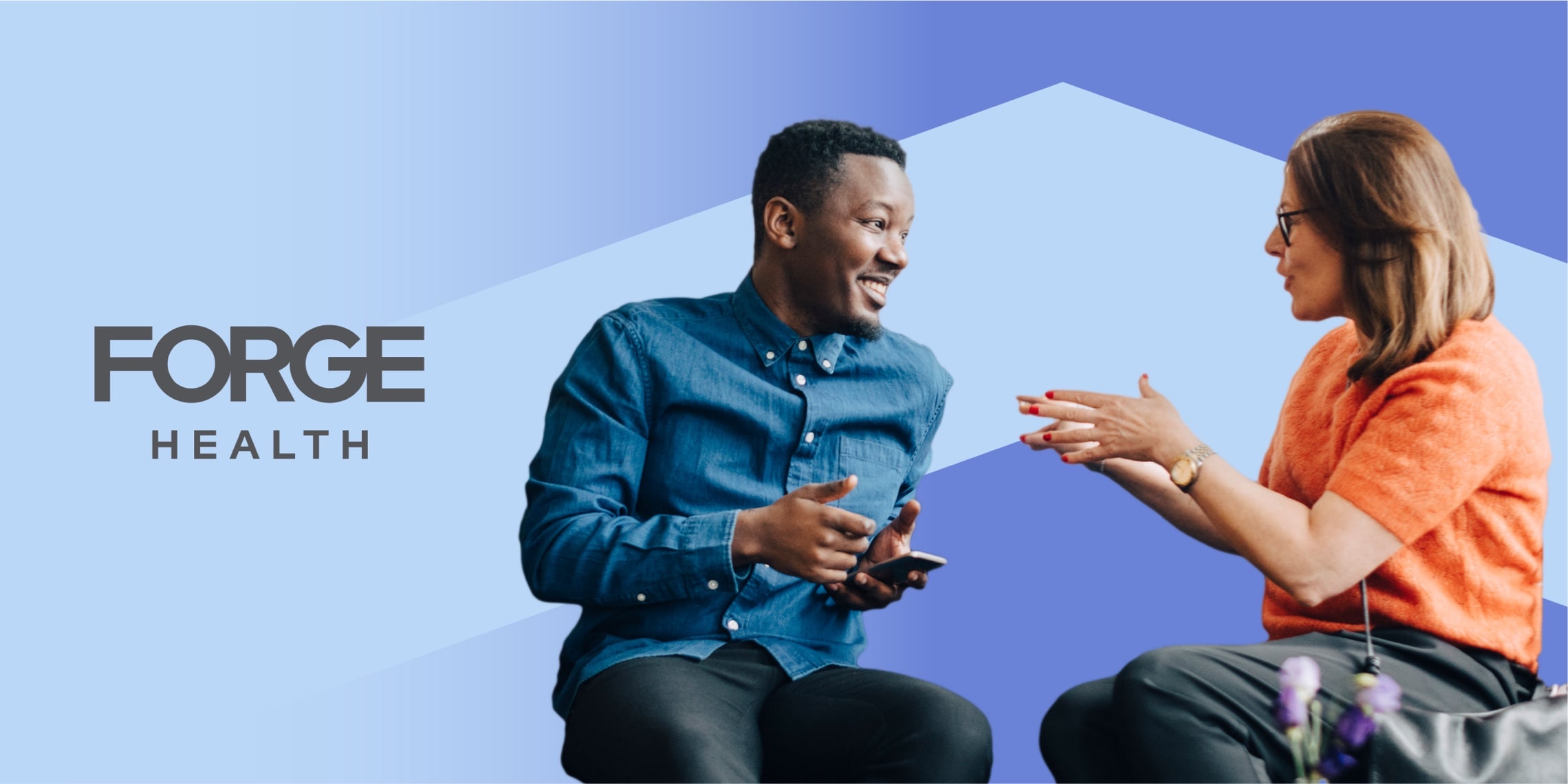 Composition elements showing the use of the logo, graphic motif, photography and color developed for Forge