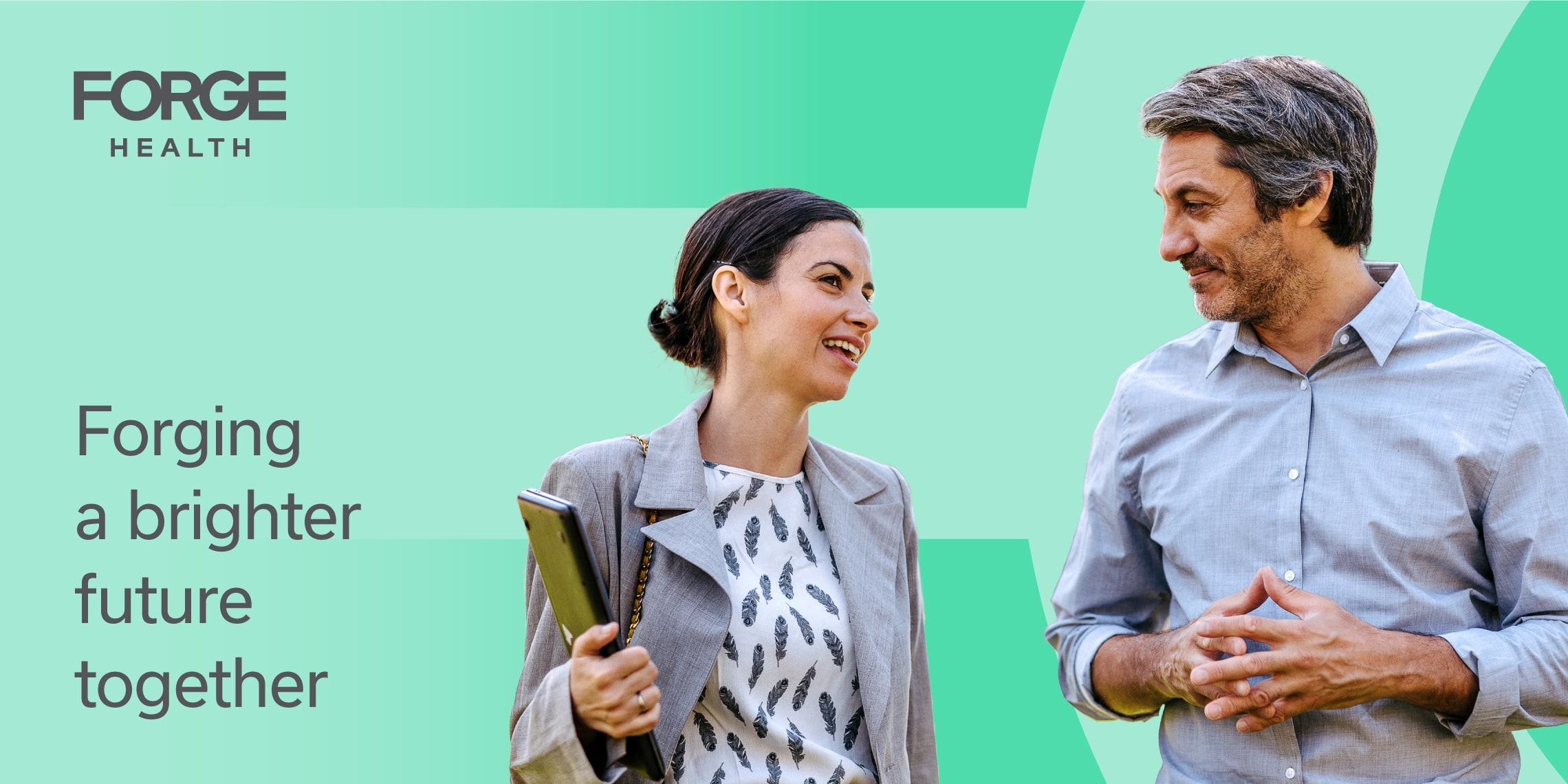 Composition elements showing the use of the logo, graphic motif, photography and color developed for Forge