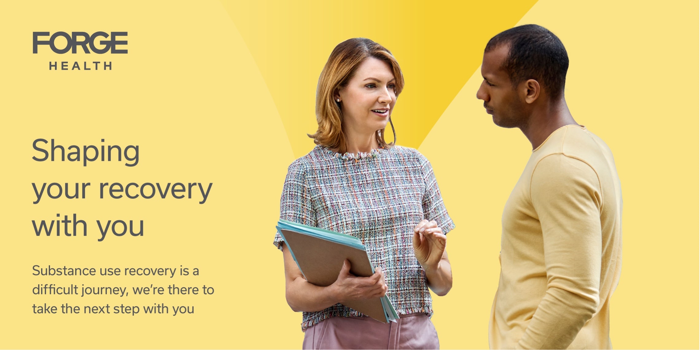 Composition elements showing the use of the logo, graphic motif, photography and color developed for Forge