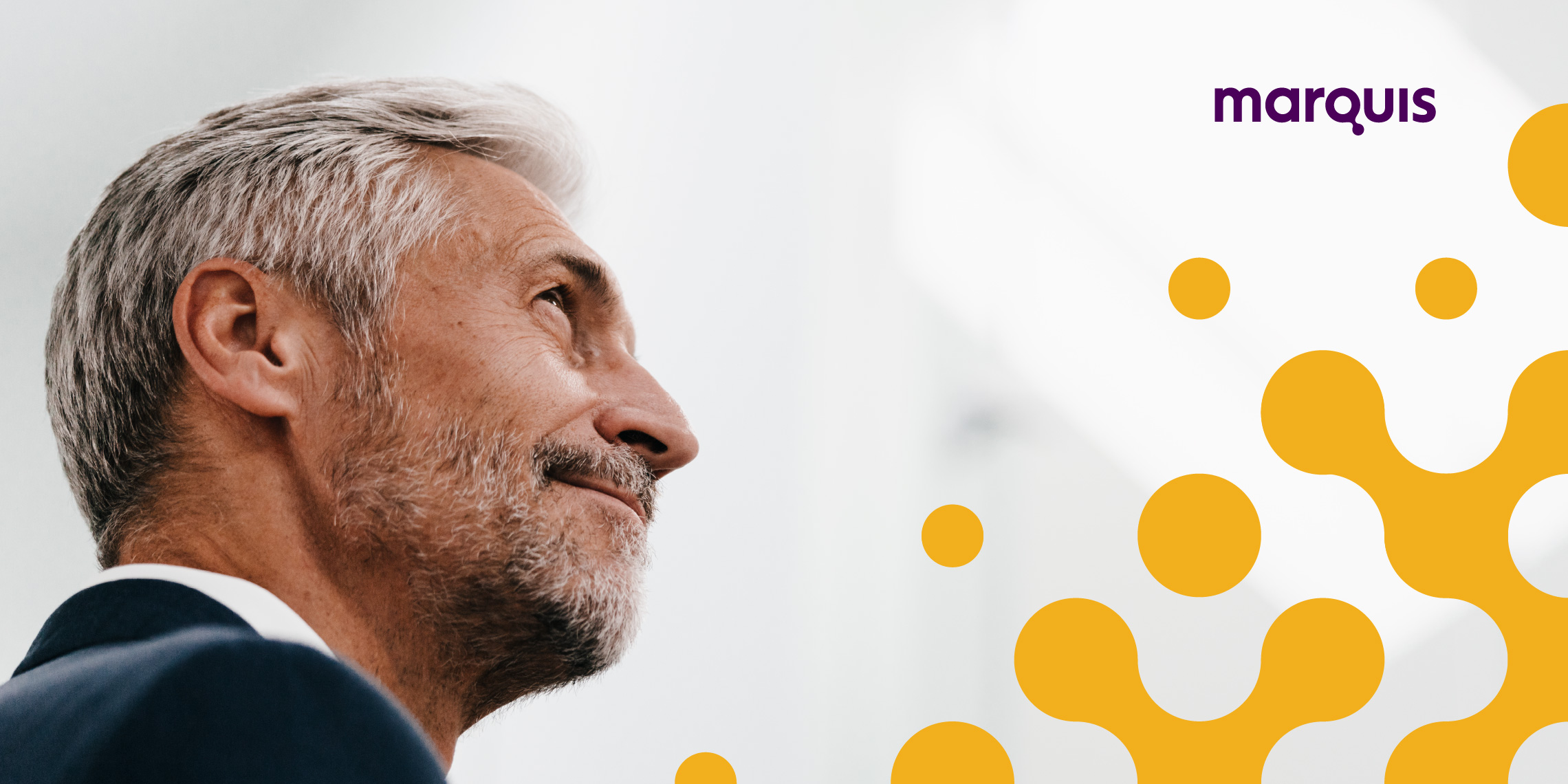 Composition elements showing the use of the logo, graphic motif, photography and color developed for Marquis