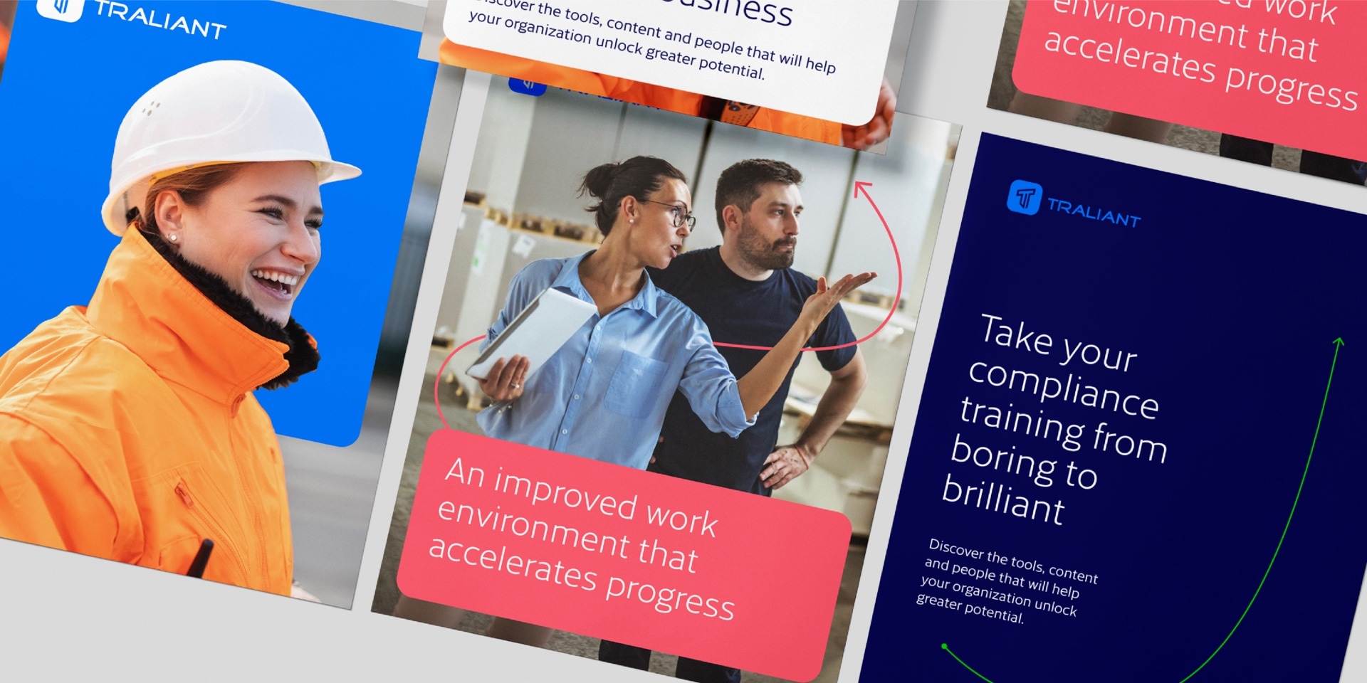 The design system developed for Traliant is presented in a number of touch points, such as digital displays and brochures.