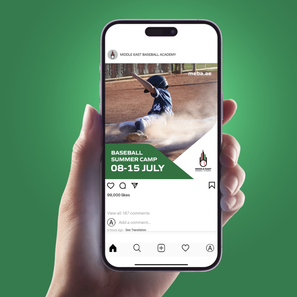 A Instagram post design using the logo and brand colors and featuring a child on the baseball diamond.