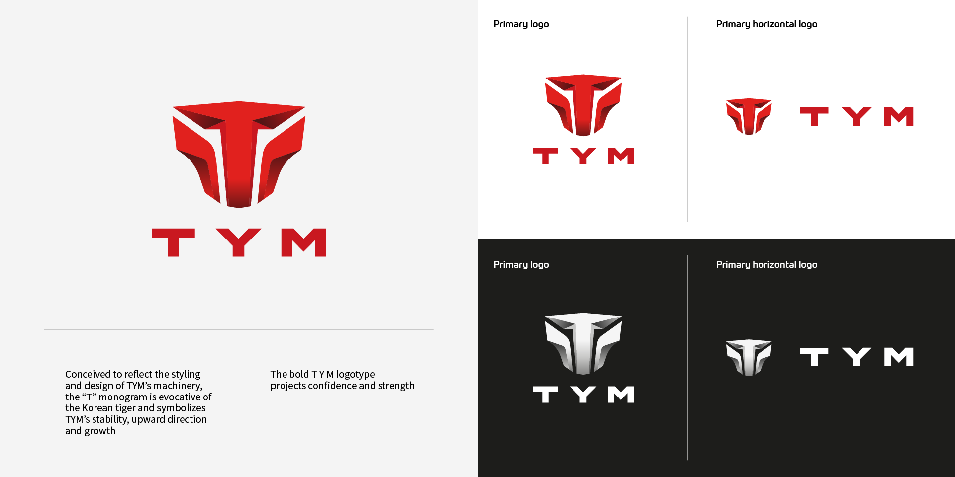 the TYM logo appears on a gray background showing the monogram, TYM's symbol of stability, and the logotype representing confidence and strength. Different logo configurations developed for the TYM brand: Primary corporate logo, horizontal configuration, primary commercial logo, horizontal commercial configuration, and reverse logo: white on a darker background.