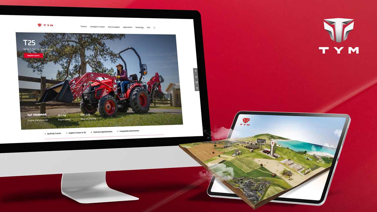 A desktop and iPad with the screen view of the new TYM commercial website showcased through OMNRAE’s PresentationOS tool.