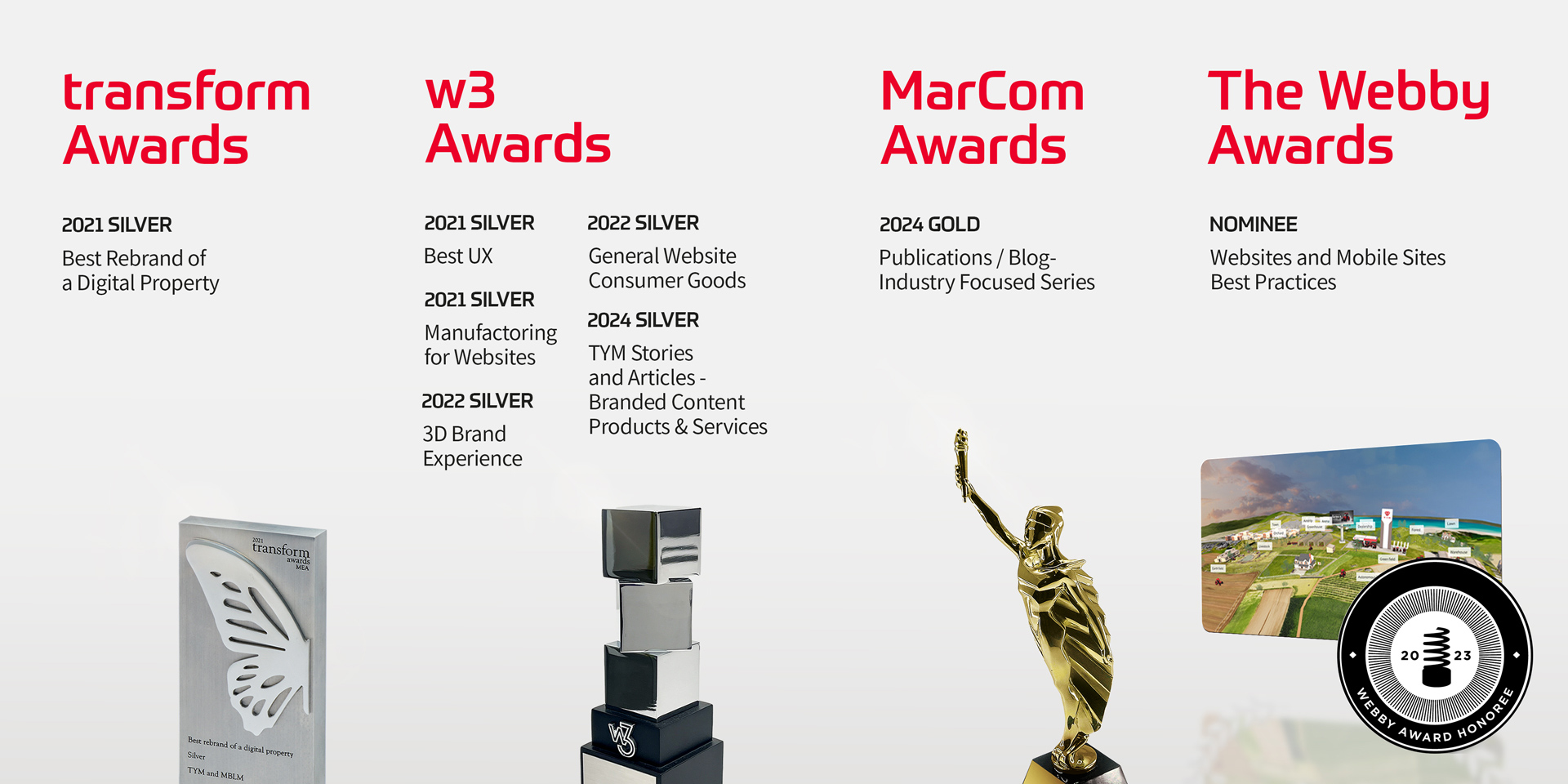 Trophies and badges of Transform Awards, W3 Awards, Marcom Awards and The Webby Awards that TYM won for the best rebrand of digital property, best UX, 3D brand experience, branded content, blog industry focused services and mobile sites best Practices.