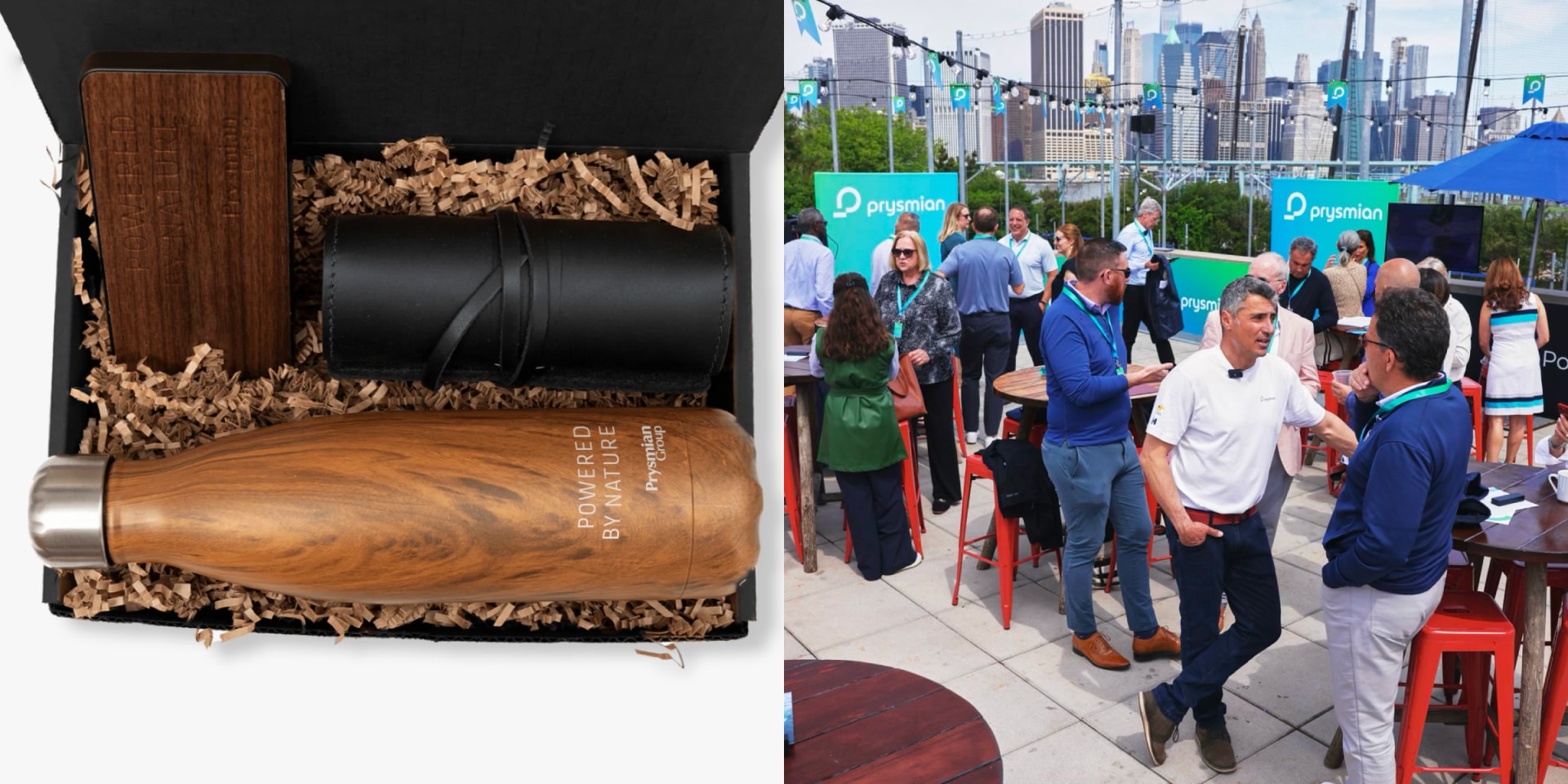 Pysmian swag on the left and the event with all the attendees on the right