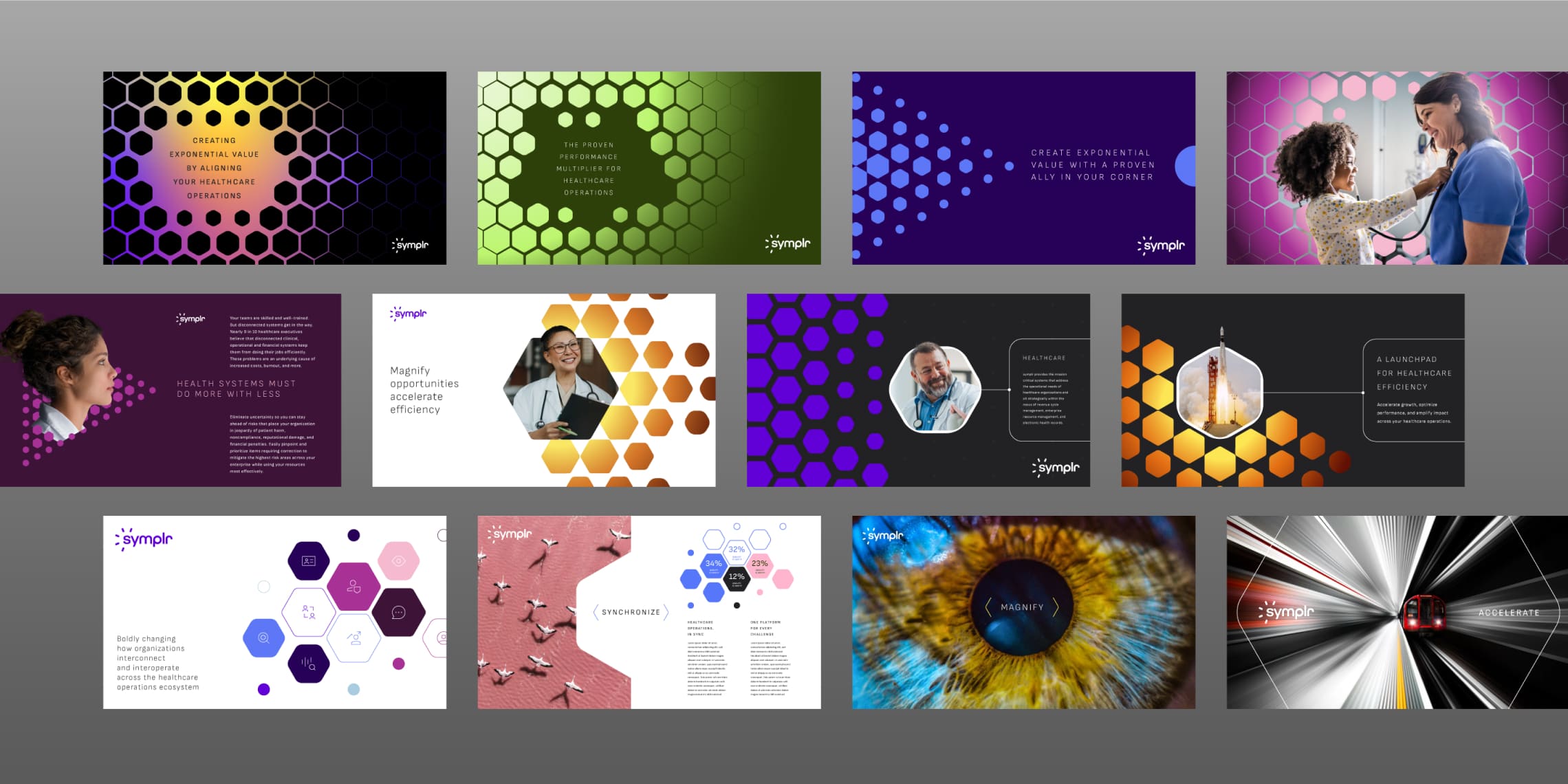 Colorful brochures with diverse designs, prominently displaying the symplr logo and branding elements