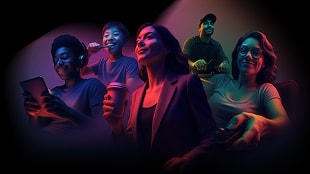 Five people sit together in colorful lighting, each engaged with different devices such as a tablet, headphones, coffee cup, remote control, and a game controller.