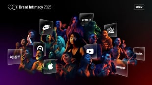 A diverse group of people surrounded by floating logos of popular brands like Apple, Nike, Netflix, Amazon, Samsung, and YouTube, with "Brand Intimacy 2025" text at the top left.