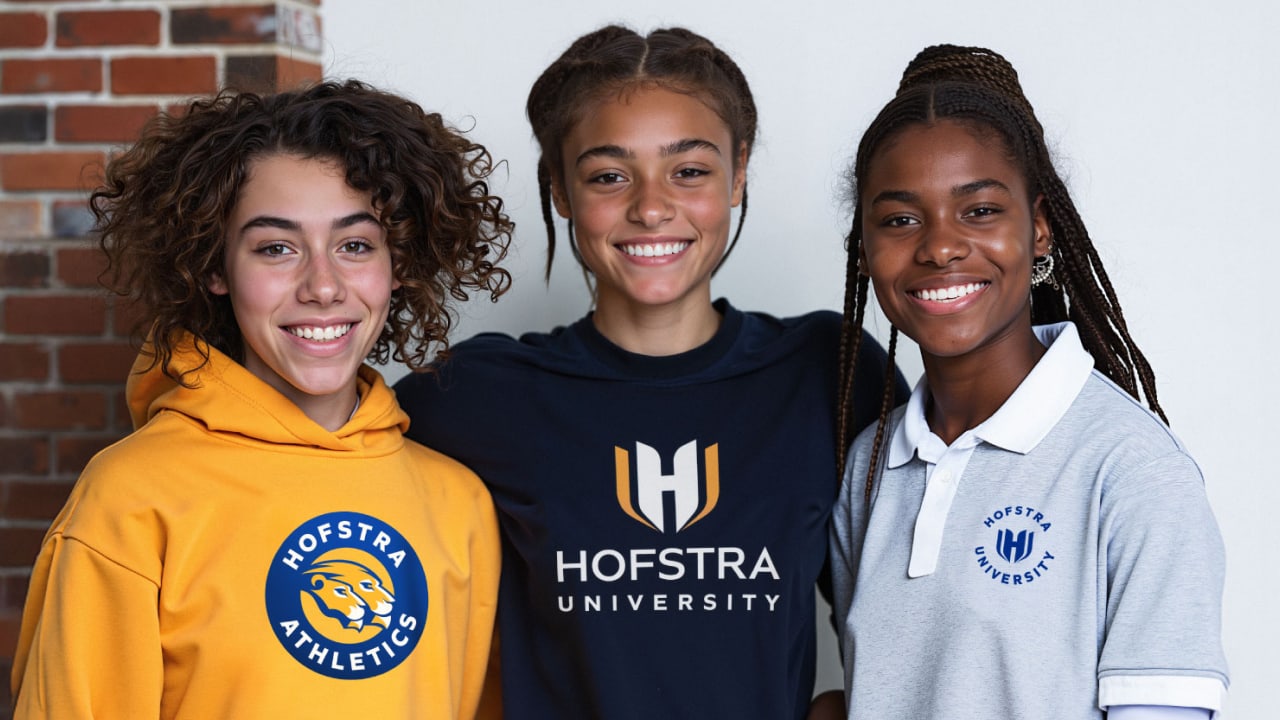 Three smiling teenagers stand together, each wearing Hofstra University or Hofstra Athletics apparel, in front of a brick and white wall background.
