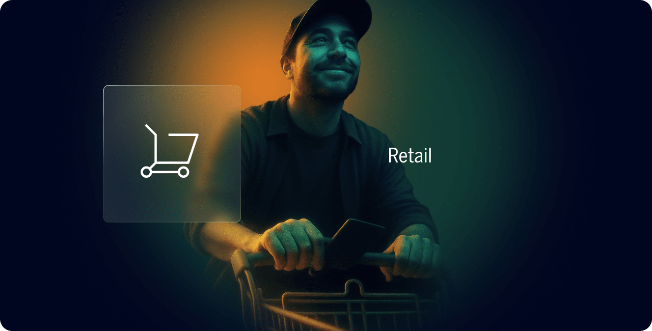 A man holding a shopping cart stands under focused lighting, with a shopping cart icon and the word "Retail" displayed beside him.