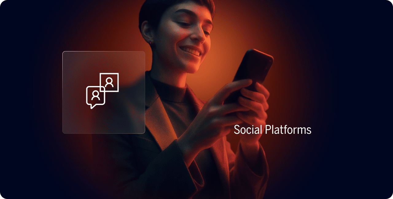 A person smiles while using a smartphone, with an icon of chat bubbles and the text "Social Platforms" beside them against a dark, softly glowing background.