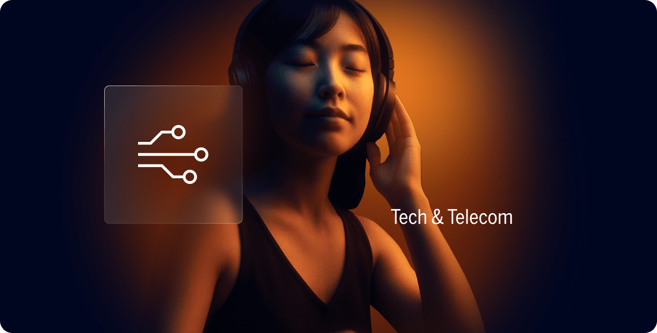 Young woman wearing headphones with eyes closed, accompanied by a tech circuit icon and the text "Tech & Telecom" on a dark, gradient background.